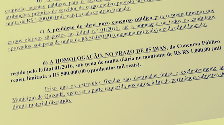 Prazo judicial de cinco dias para homologação de concurso público em Quixadá expira na segunda-feira